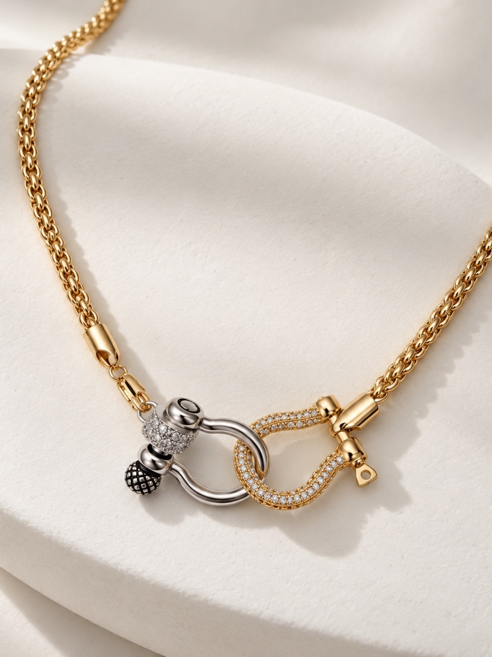 Two-Tone Gold and Silver Pavé Link Necklace 18k Gold PVD